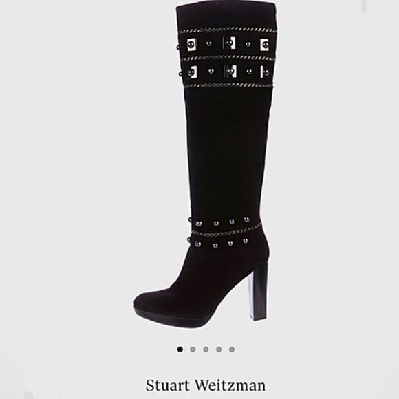 Stuart Weitzman. 9 1/2. Tall Suede Black boots with great chrome embellishments! - Picture 2 of 13